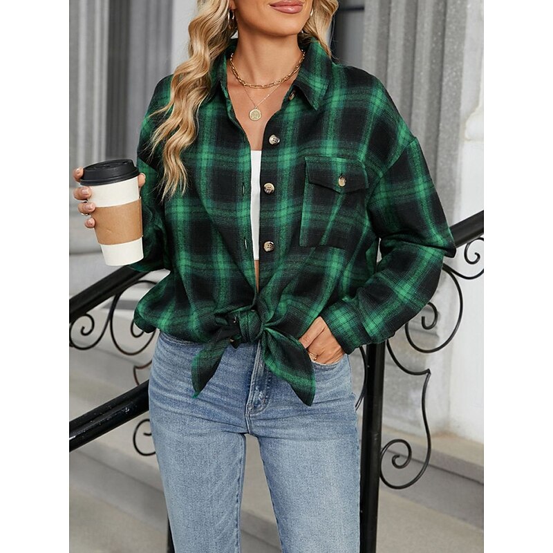Women's Shirt Jacket Shacket Warm Breathable Buttons Pocket Print Casual Plaid Vacation Street Daily Wear Going out Single Breasted Regular Turndown Regular Fit Long Sleeve Outerwear Brown Green Fall3