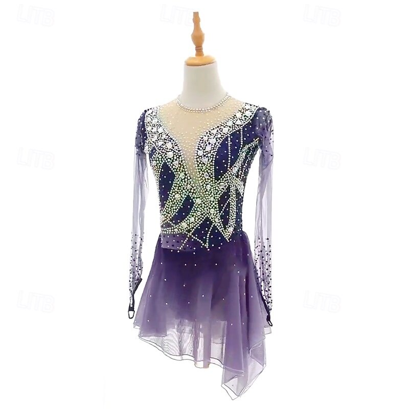 Figure Skating Dress Women's Girls' Ice Skating Dress Violet Green Patchwork Mesh High Elasticity Training Competition Skating Wear Classic Crystal / Rhinestone Long Sleeve Ice Skating Figure Skating2