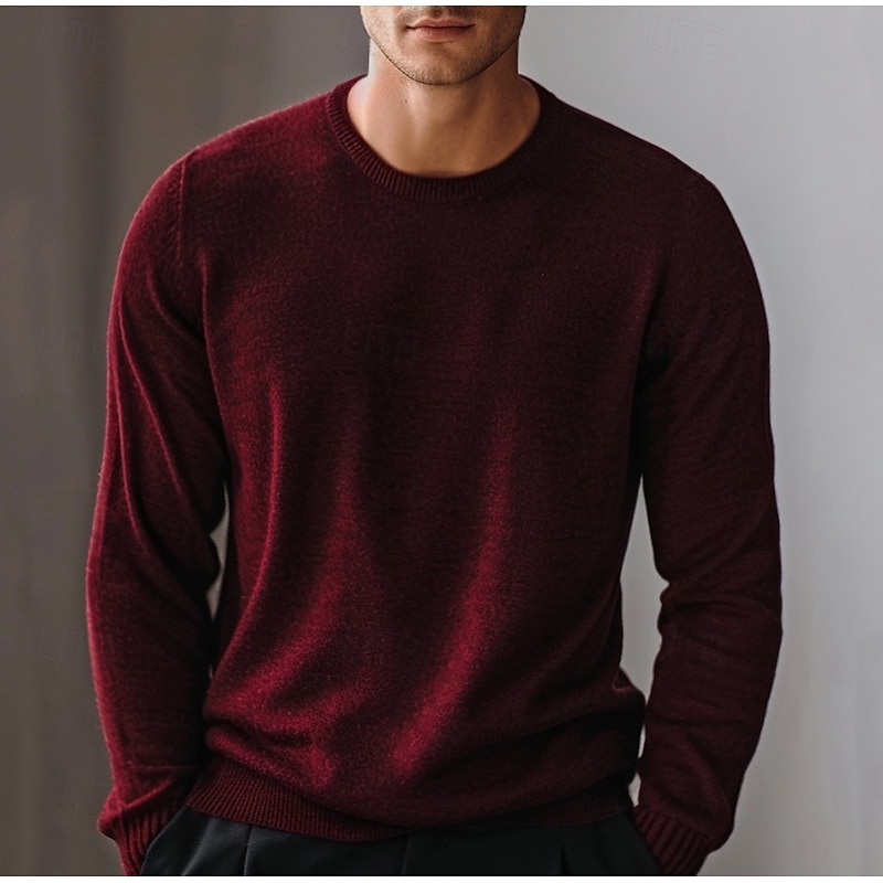 Men's Pullover Sweater Jumper Knit Solid Color Crew Neck Knitwear Elegant Christmas Outdoor Clothing Apparel Fall Winter Wine Red Dark Green S M L