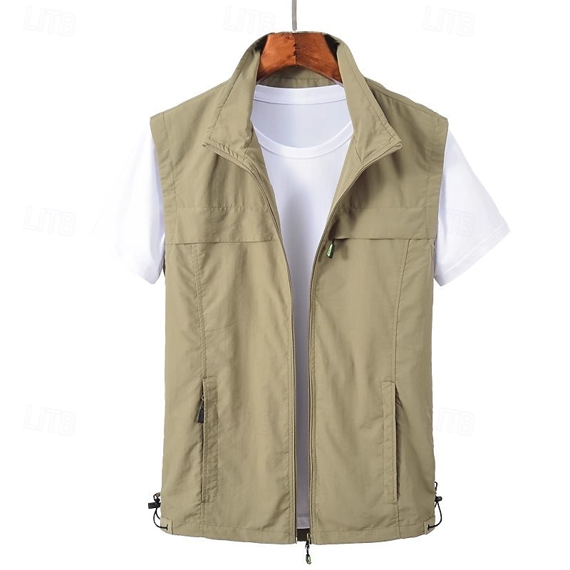 Men's Vest Gilet Fishing Vest Hiking Vest Daily Date Vacation Fashion Casual Spring &  Fall Pocket Nylon Comfortable Plain Zipper Stand Collar Regular Fit Black Red Khaki Army Green Vest3