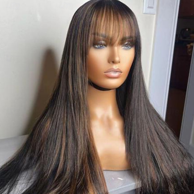 Unprocessed Virgin Hair 13x4 Lace Front Wig With Bangs Brazilian Hair Straight Multi-color Wig 130% 150% Density with Baby Hair Highlighted / Balayage Hair 100% Virgin For Women Long Human Hair Lace4