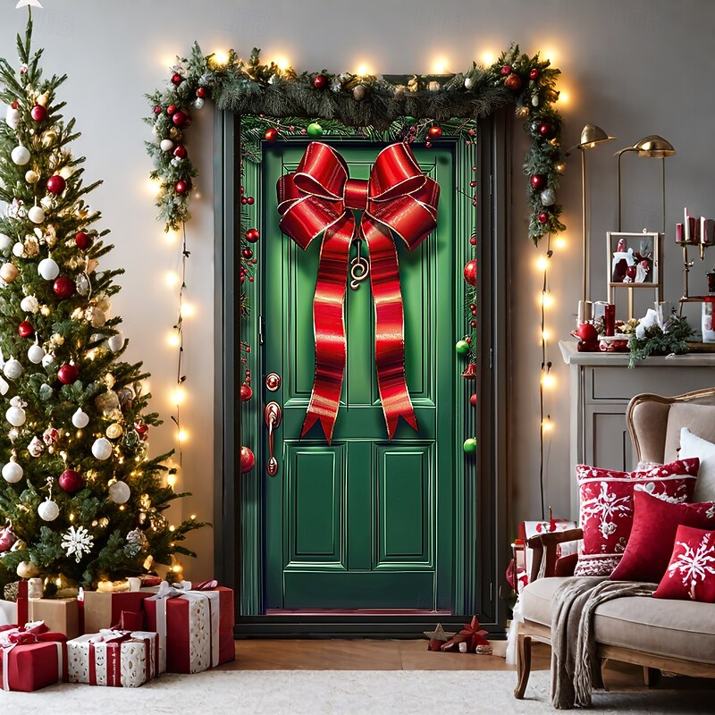 Christmas Door Decorations Door Covers Xmas Bow Tie Door Tapestry Door Curtain Decoration Backdrop Door Banner for Front Door Farmhouse Christmas Holiday Party Decor Supplies Ornaments Indoor/Outdoor 7