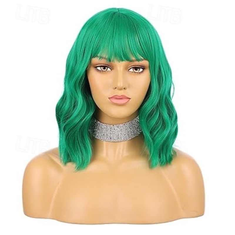 Wig Short Colorful Curly Wavy Synthetic Bob Wigs with Air Bangs Natural Wigs for Women
