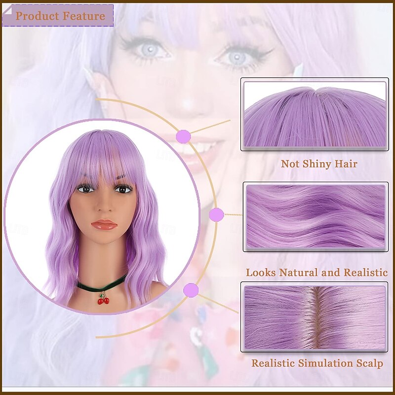 Wig Short Colorful Curly Wavy Synthetic Bob Wigs with Air Bangs Natural Wigs for Women4