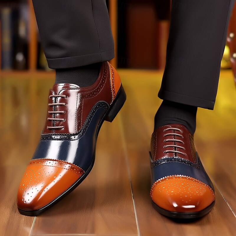 Men's Two-Tone Faux Leather Oxford Shoes - Classic Lace-Up Brogue Dress Shoes with Wingtip Design for Formal and Business Wear3