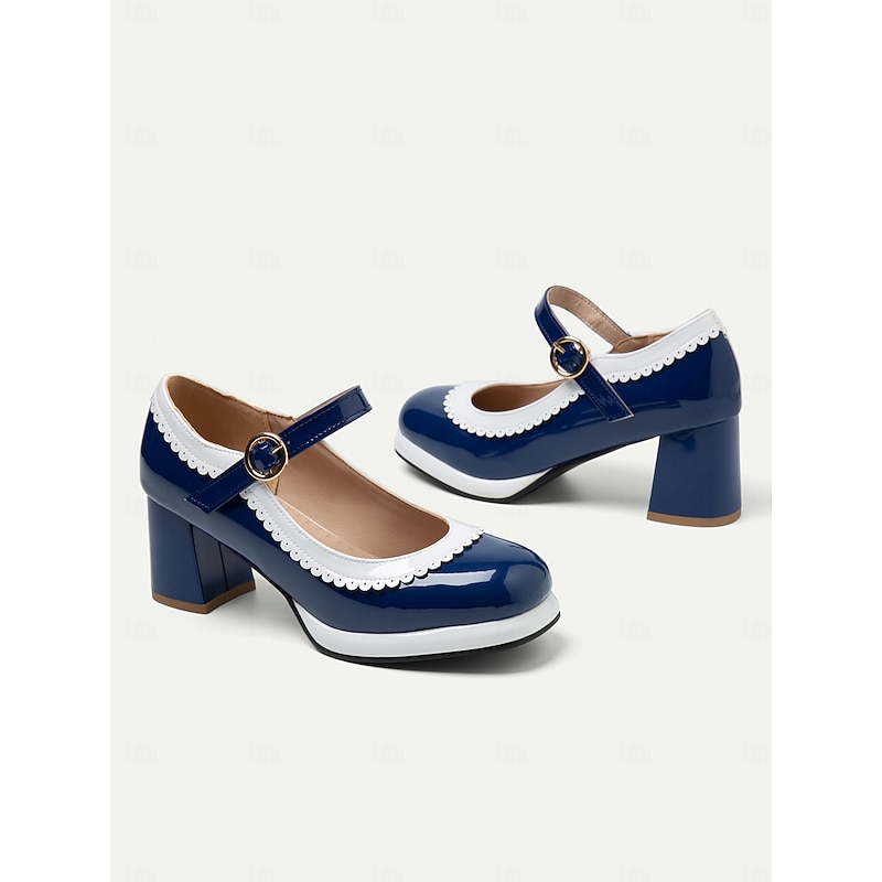 Women's Retro Blue and White Mary Jane Block Heels with Scalloped Trim – Vintage-Style Shoes for Cosplay, Parties, and Formal Occasions2