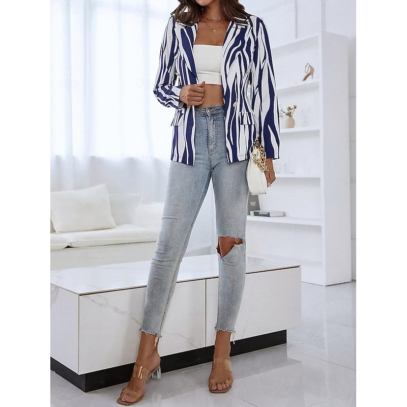 Women's Blazer Casual Work Stripe Stylish Regular Fit Outerwear Long Sleeve Spring Blue3