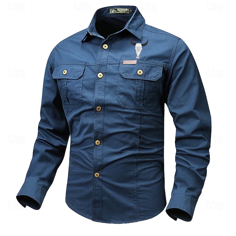Men's Cow Work Shirt Western Shirt Cargo Shirt Long Sleeve Casual Tactical Sports & Outdoor Going out Winter Spring &  Fall Turndown Print Black Grey Black White Army Green Red2
