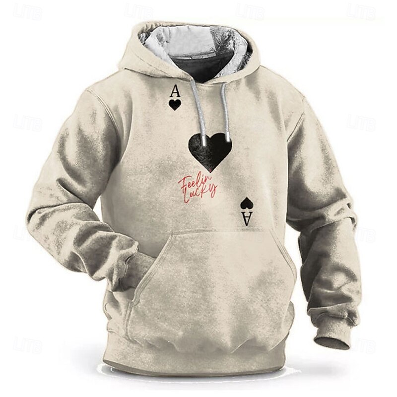 Men's Poker Hoodie Hoodies Sweatshirt Fashion Casual Long Sleeve Hooded Sports Outdoor Streetwear White Beige Pocket 3D Print Fall Winter Designer