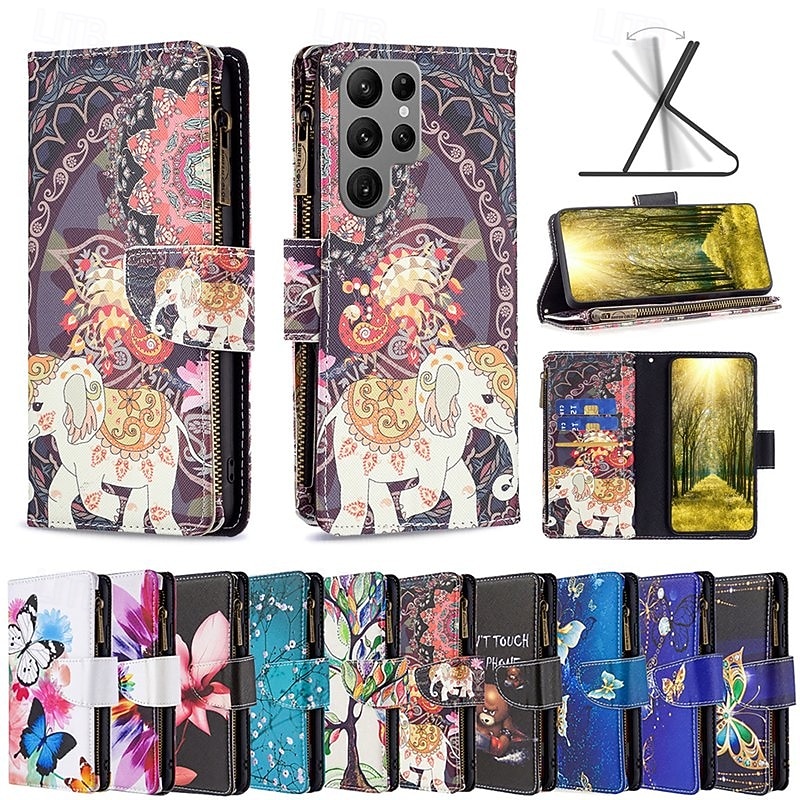 Phone Case For Samsung Galaxy S25 S24 S23 S23 FE S22 S21 Ultra Plus A35 5G A25 A15 A14 Wallet Case with Stand Holder Zipper with Wrist Strap Retro TPU PU Leather