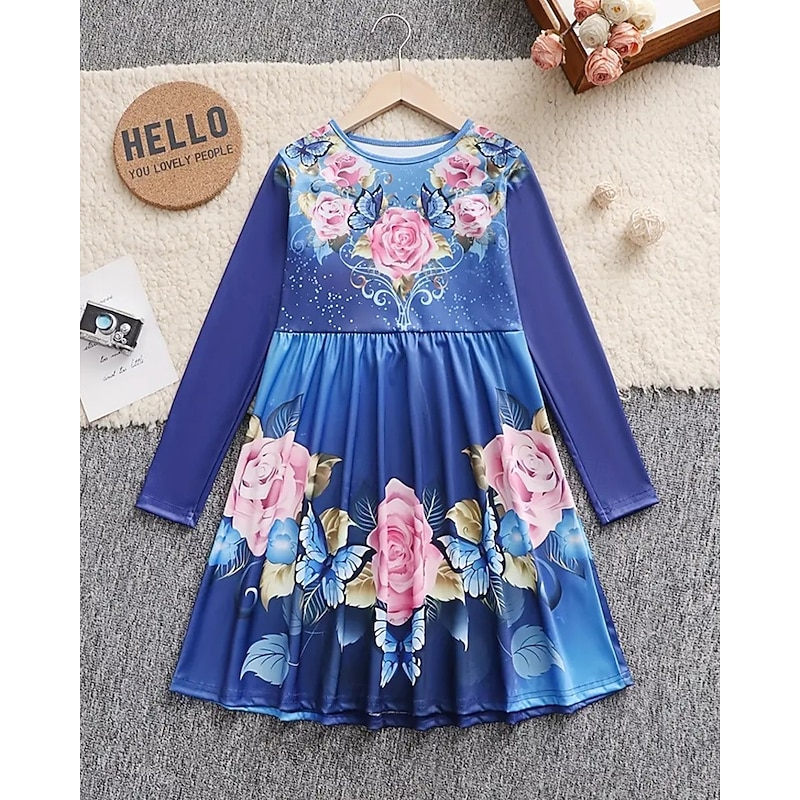 Easter Girls' 3D Rose Graphic Dress Long Sleeve Summer Spring Vacation Daily Holiday Princess Beautiful Sweet Kids 4-12 Years Casual Dress A Line Dress Knee-length Regular Fit2