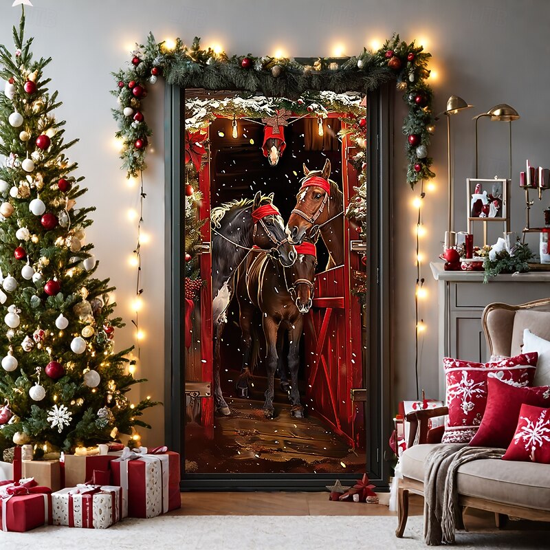 Christmas Door Decorations Door Covers Horses Door Tapestry Door Curtain Decoration Backdrop Door Banner for Front Door Farmhouse Holiday Party Decor Supplies Indoor/Outdoor2