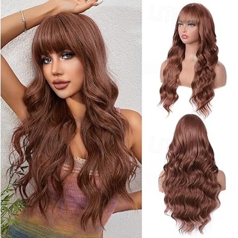 Wig with Bangs for Women Long Blonde Wavy Curly Wig Heat Resistant Synthetic Wig for Girls Daily Use Party Halloween Cosplay Wig