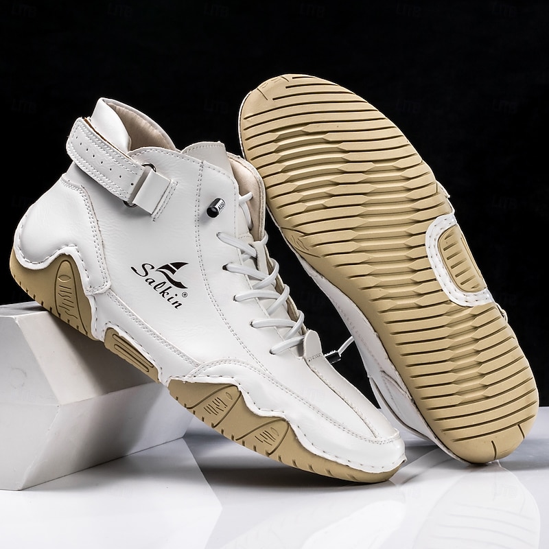 Men's Faux Leather High-Top Sneakers – Hand-Stitched White Lace-Up Shoes with Buckle Detail and Durable Sole for Casual and Urban Fashion2