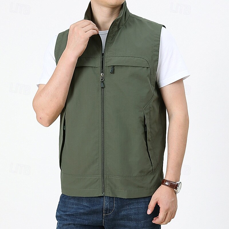 Men's Vest Gilet Fishing Vest Hiking Vest Daily Date Vacation Fashion Casual Spring &  Fall Pocket Nylon Comfortable Mountain Zipper Stand Collar Regular Fit Black Khaki Army Green Dark Blue Vest4