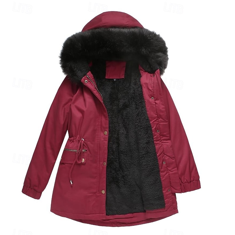 Women's Winter Coat Windproof Warm Zipper Buttons Outdoor Solid Color Work Casual Single Breasted Hoodie Loose Fit Long Sleeve Outerwear Navy Red Green Winter2