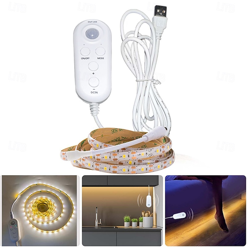 5-Meter Dimmable LED Light Strip with Human Body Infrared Sensor, USB Powered 5V Soft Night Light for Wardrobe, Cabinet, Automatic Sensing Decorative Strip, US/EU/UK/AU 1PC
