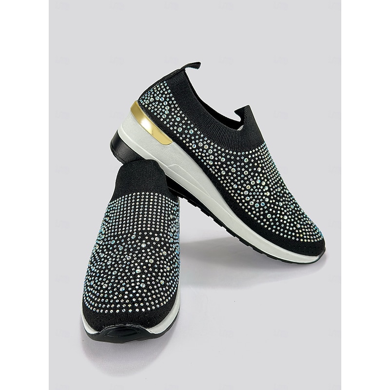 Women's Rhinestone-Embellished Black Slip-On Sneakers – Lightweight, Sparkly Fashion Athletic Shoes for Casual Wear3