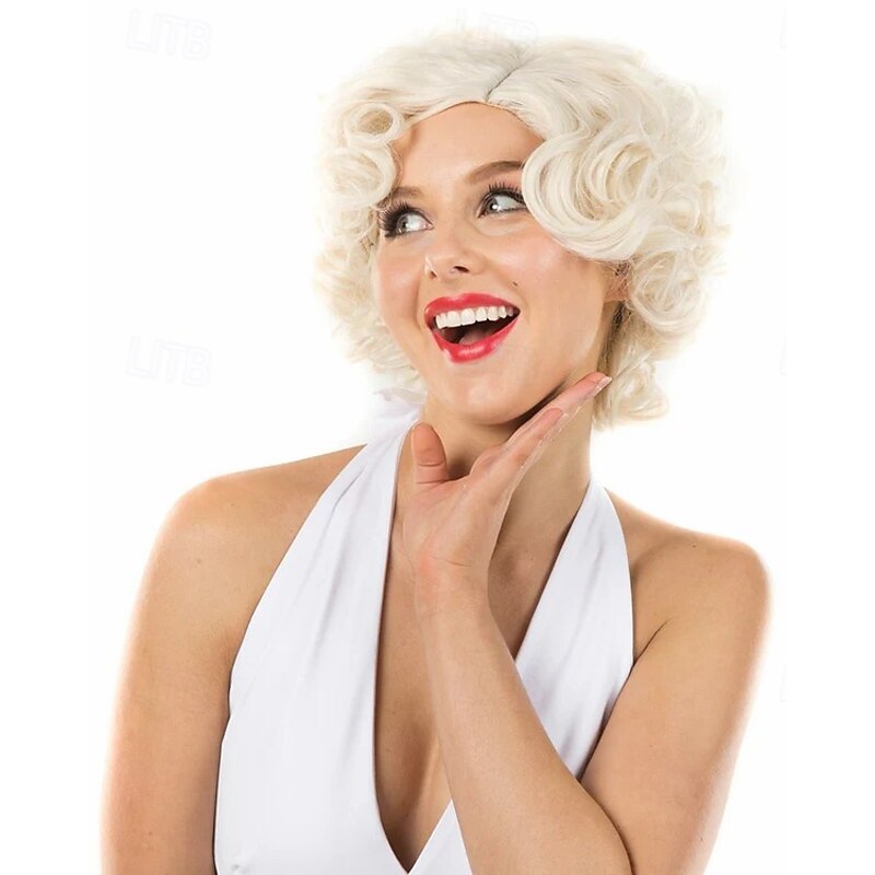 Bombshell Deluxe Blonde Short Curly Wig Halloween Cosplay Party Wigs4