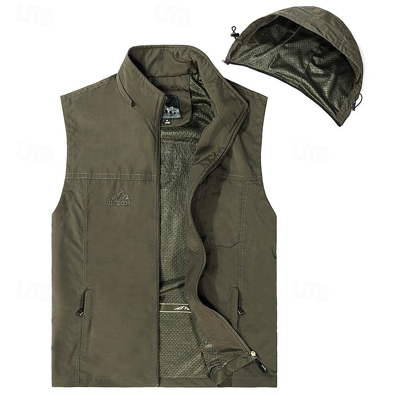 Men's Vest Gilet Fishing Vest Hiking Vest Daily Date Vacation Fashion Casual Spring &  Fall Pocket Detachable Hood Polyester Comfortable Plain Zipper Hooded Regular Fit Black Khaki Army Green Dark4