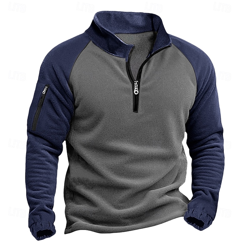 Men's Pullover Quarter Zip Sweatshirt Tactical Hoodie Blue Green Khaki Coffee Standing Collar Half Zip Plain Patchwork Pocket Color Block Sports & Outdoor Sports Streetwear Designer Basic Casual2