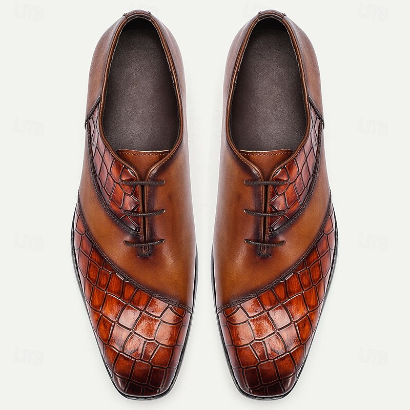 Men's Brown Crocodile Embossed Leather Oxford Shoes – Premium Cowhide Formal Lace-Up Shoes for Business and Special Events4