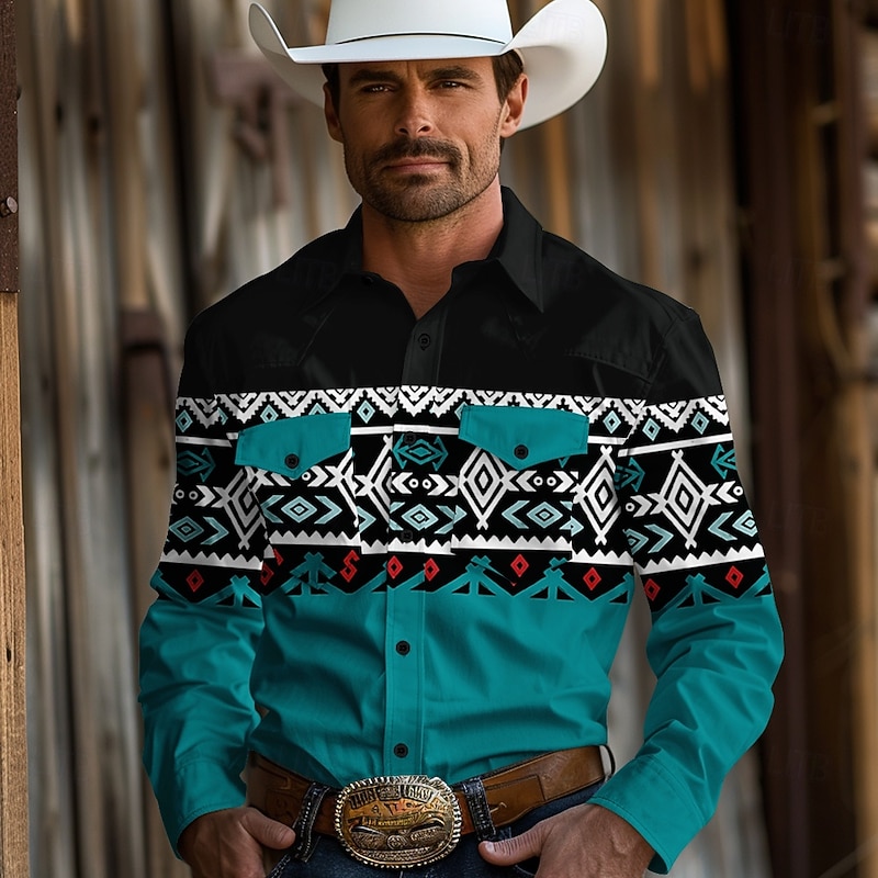 Men's Cowboy Western Shirt Button Up Shirt Cowboy Shirt Long Sleeve Vintage Western Daily Holiday Fall Winter Spring & Summer Turndown Collared Shirts 3D Print Dark Navy