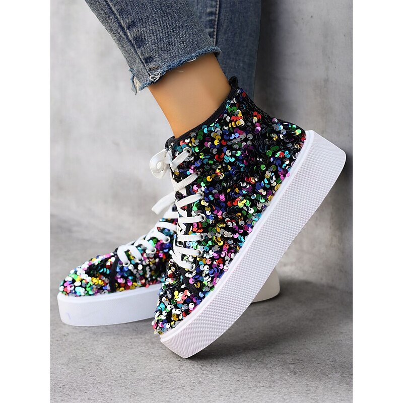 Women's High-Top Sequin Sneakers – Colorful Lace-Up Platform Shoes for a Trendy and Sparkling Casual Look3