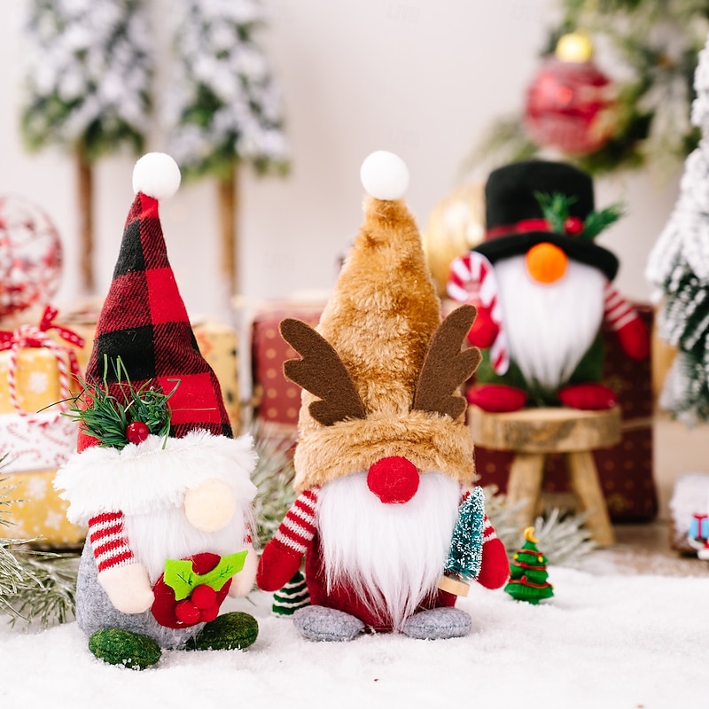 Christmas Gnome Figurines - Checkered Hat with Forest Elder, Deer Antler Gnome, Rudolph Doll, Festive Holiday Decorations2