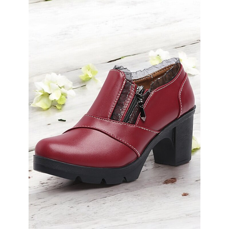 Women's Red Lace-Up Victorian-Style Mid-Heel Boots with Bow Accent, Vintage Gothic Footwear for Cosplay, Parties, and Special Occasions3