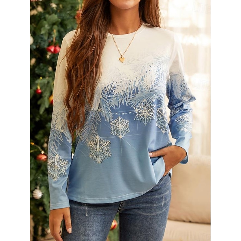 Women's Sweatshirt Winter Snowflake Print Blue Gradient Casual Comfortable Pullover Regular Fit Holiday Season Cozy Top Prefall2