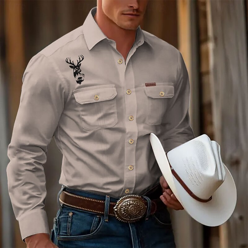 Men's Deer Work Shirt Western Shirt Cargo Shirt Long Sleeve Casual Tactical Sports & Outdoor Camping & Hiking Going out Winter Spring &  Fall Fold-over Collar Print Black Army Green off-white4