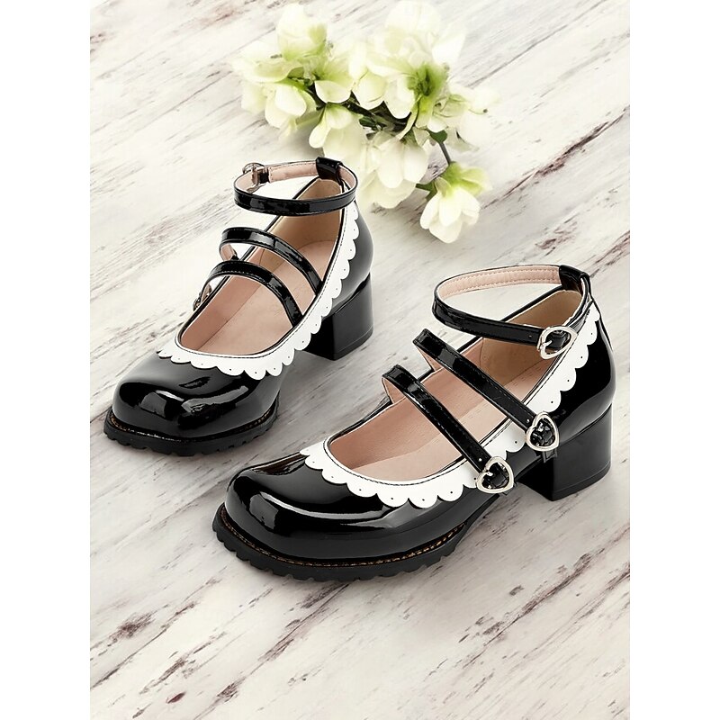 Women's Black and White Scalloped Mary Jane Block Heels – Patent Faux Leather Lolita Platform Shoes with Heart Buckles for Vintage or Cosplay Outfits2