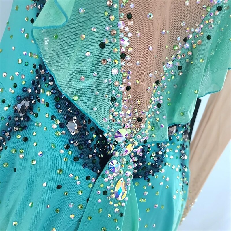 Figure Skating Dress Women's Girls' Ice Skating Dress Green Patchwork Mesh High Elasticity Training Competition Skating Wear Classic Crystal / Rhinestone Long Sleeve Ice Skating Figure Skating4