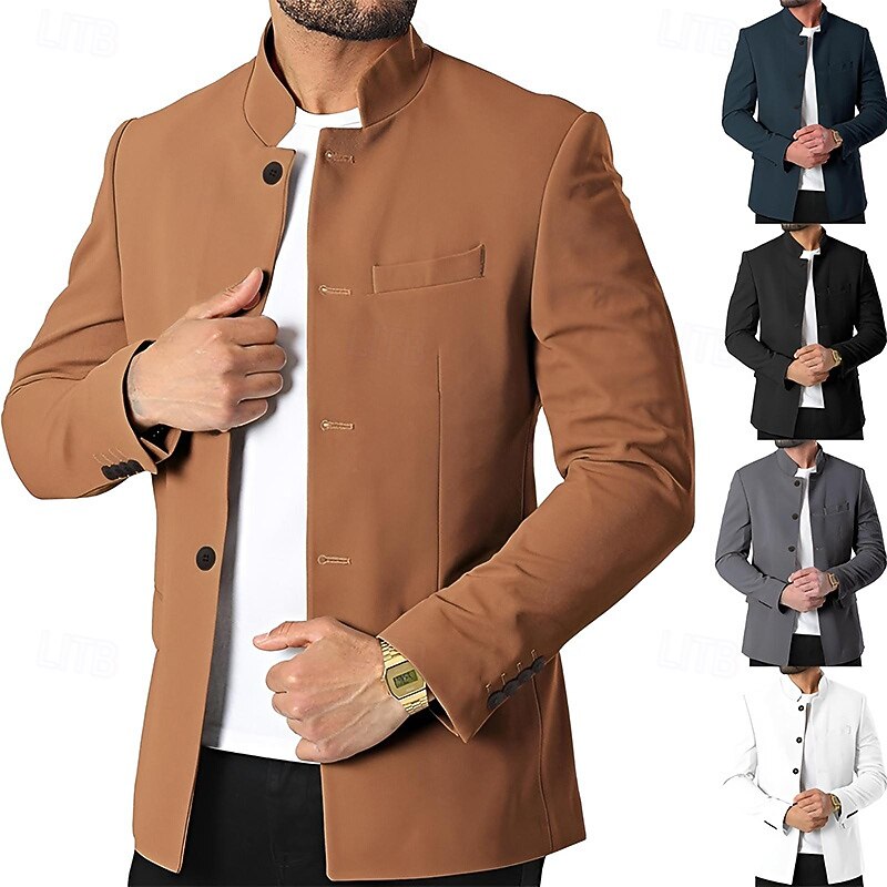 Men's Casual Jacket Blazer Daily Vacation Warm Pocket Fall & Winter Plain Vintage Fashion Standing Collar Regular Black White Wine Navy Blue Jacket