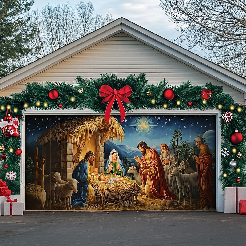 Christmas Outdoor Garage Door Cover Xmas Banner Nativity Scene Large Christmas Backdrop Decoration for Holiday Outdoor Garage Door Home Wall Decorations4