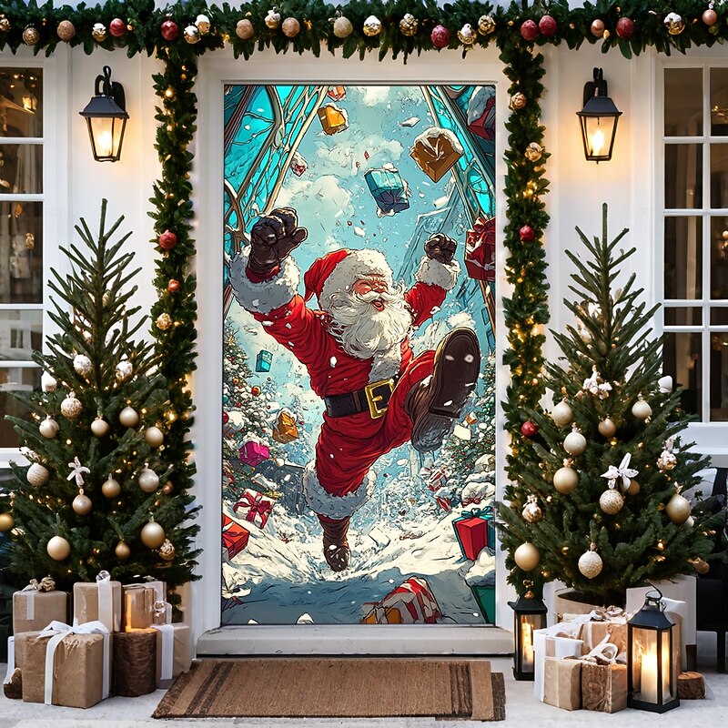 Christmas Door Decorations Door Covers Santa Gifts Door Tapestry Door Curtain Decoration Backdrop Door Banner for Front Door Farmhouse Holiday Party Decor Supplies Indoor/Outdoor