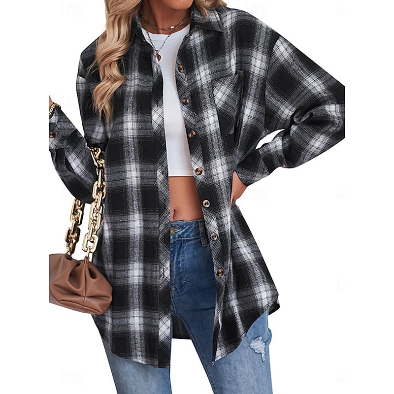 Women's Shirt Jacket Shacket Warm Breathable Buttons Pocket Print Casual Plaid Vacation Street Daily Wear Going out Single Breasted Regular Turndown Regular Fit Long Sleeve Outerwear Black Red Green