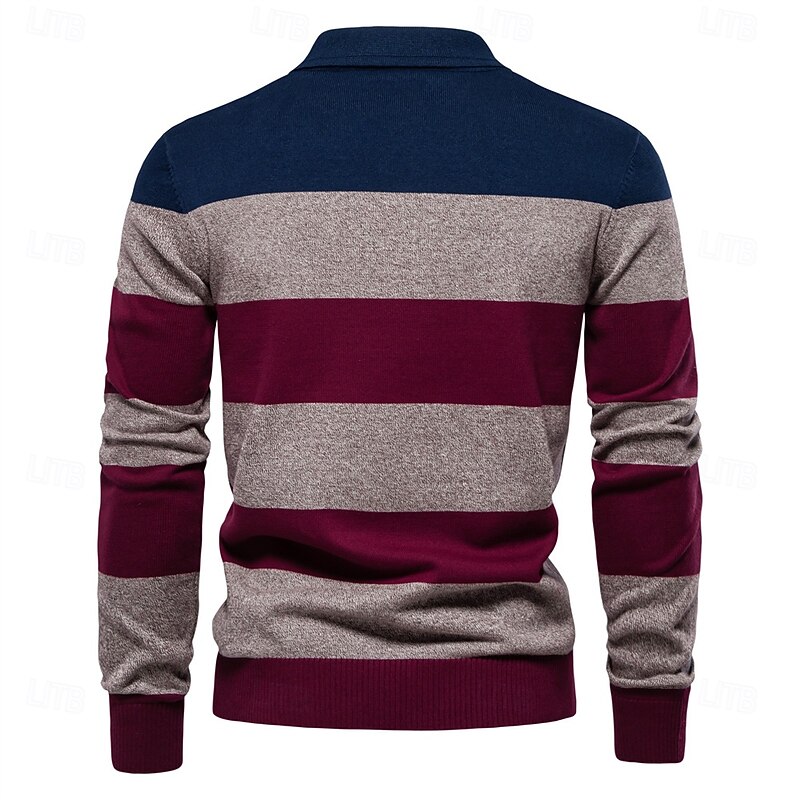 Mens Strip Cotton Button-up Polo Collar Sweater Knit Casual Business Sweaters for Men2