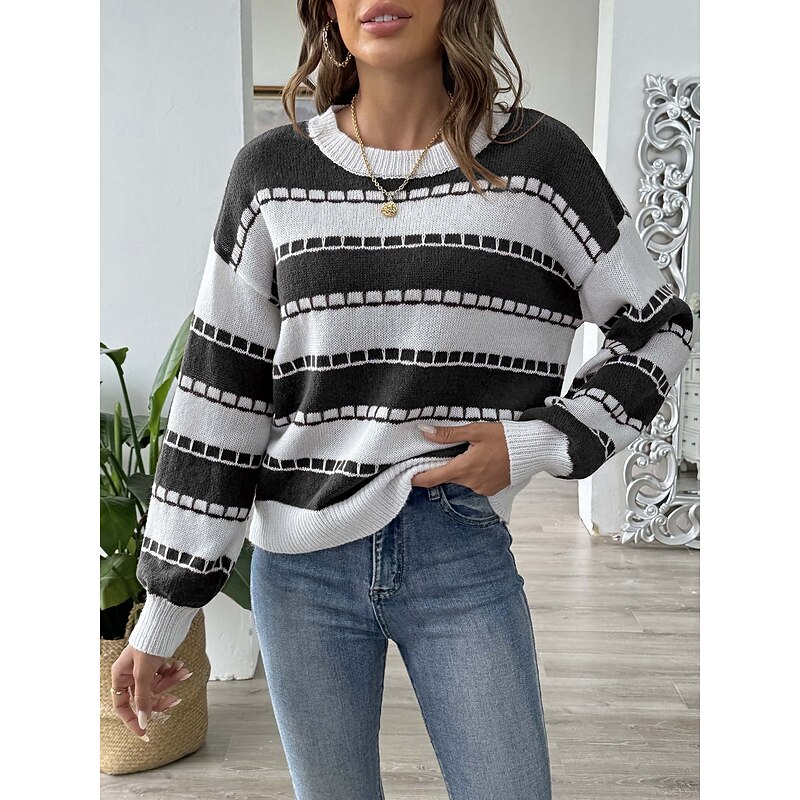 Women's Sweater Casual Graphic Striped Crew Neck Knitted Long Sleeve Regular Tops Knit Home Work Daily Black Brown Fall Winter4