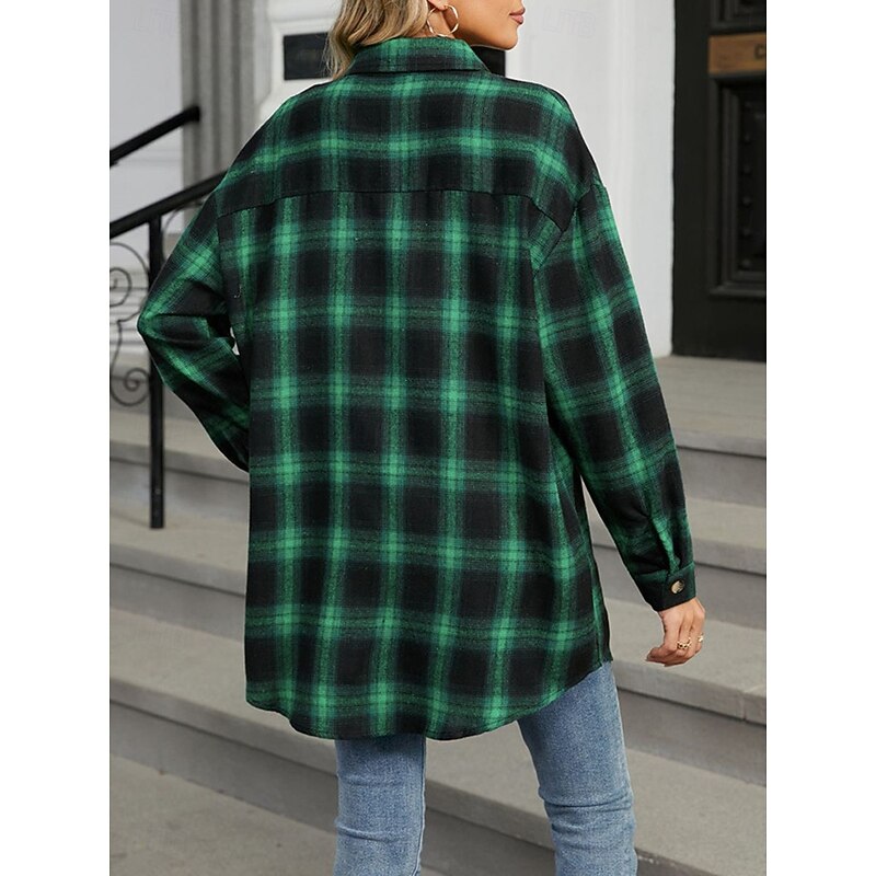 Women's Shirt Jacket Shacket Warm Breathable Buttons Pocket Print Casual Plaid Vacation Street Daily Wear Going out Single Breasted Regular Turndown Regular Fit Long Sleeve Outerwear Brown Green Fall2