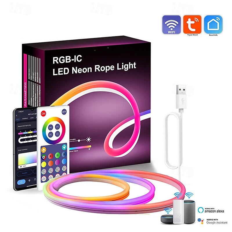 Neon LED Strip Lights TUYA WIFI Bluetooth 3m 9.84ft RGBIC Color Illusion Music Neon Light Strip Set DIY Shape 16 Million Colors USB Remote APP Control IP67 Waterproof Light Strip Living Room Bedroom Indoor Decoration