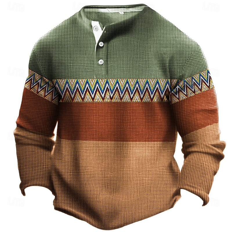 Men's Oktoberfest Stripe Henley Shirt Long Sleeve 3D Printing Designer Ethnic Western Style Party Casual Daily Winter Spring &  Fall Blue Green Henley Henley T-Shirt4