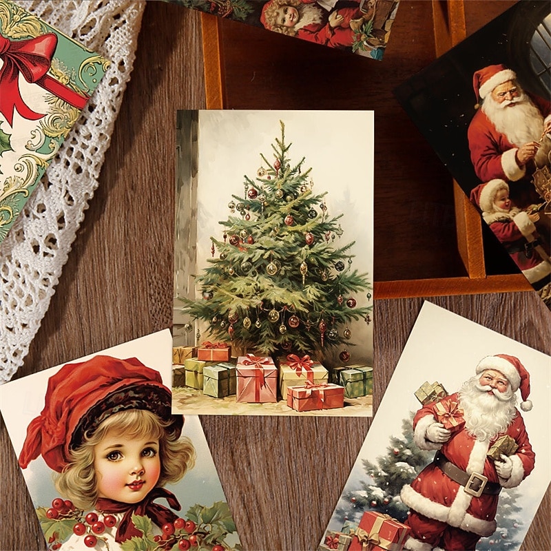 10 pcs Christmas Card Retro Style Postcard Santa Claus Girl Interior Decoration Atmosphere Background Props Holiday Card2