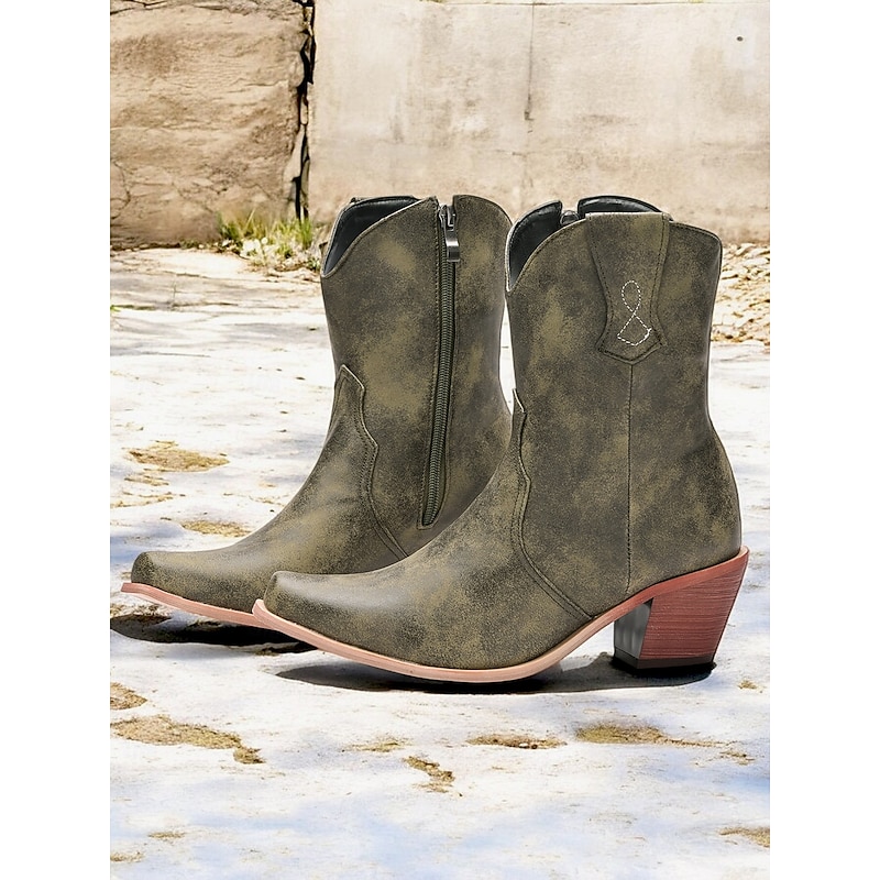 Women's Distressed Green Western Cowboy Boots with Zipper Closure – Stylish Mid-Heel Ankle Boots for Outdoor and Casual Wear