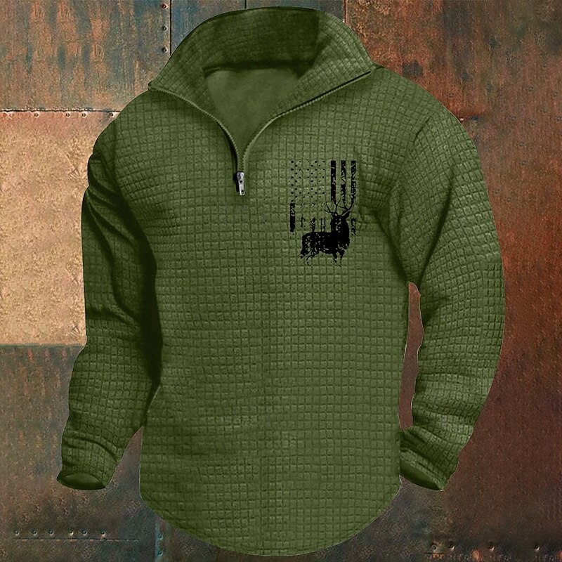 Men's Sweatshirt Waffle Sweatshirt Quarter Zip Sweatshirt White Wine Army Green Khaki Light Grey Half Zip Graphic Print Print Quarter Zip Christmas Daily Holiday Other Prints Polyester Streetwear4