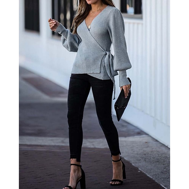 Women's Wrap Knit Sweater V Neck Ribbed Knit Knitted Lantern Sleeve Fall Winter Work Elegant Fashion Daily Long Sleeve Solid Color Black Beige4