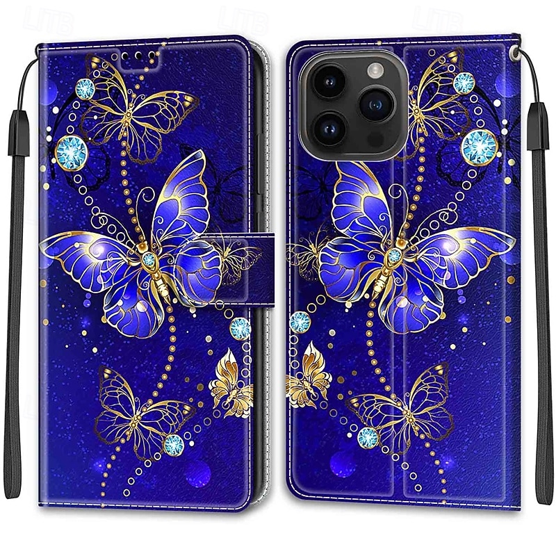 Phone Case For iPhone 15 Pro Max Plus Back Cover with Stand Holder with Wrist Strap Card Slot Retro TPU PU Leather