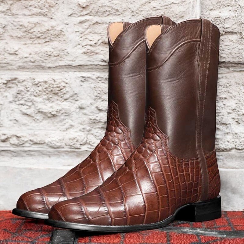 Men's Brown Crocodile Print Faux Leather Western Cowboy Boots - Vintage Style, Perfect for Outdoor and Casual Wear