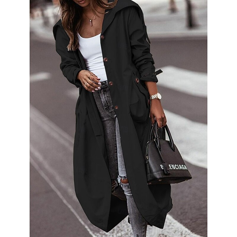 Women's Trench Coat Work Street Fall Winter Long Coat Loose Fit Comtemporary Stylish Casual Jacket Long Sleeve Solid Color with Pockets Black Green Gray4